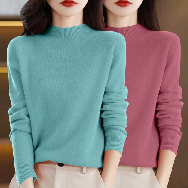 Chandail à Col Rond pour Femmes, Automne et Hiver, 2 Pcs, Couleur Unie, Doux et Confortable