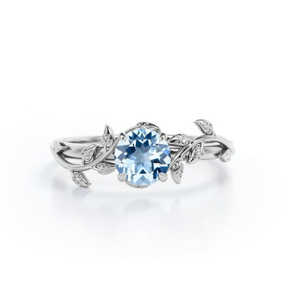 JeenMata Solitaire - 0.50 Carat Round Shape Lab Created Aquamarine - Botanical Style Engagement Ring - 18K White Gold Plating over Silver
