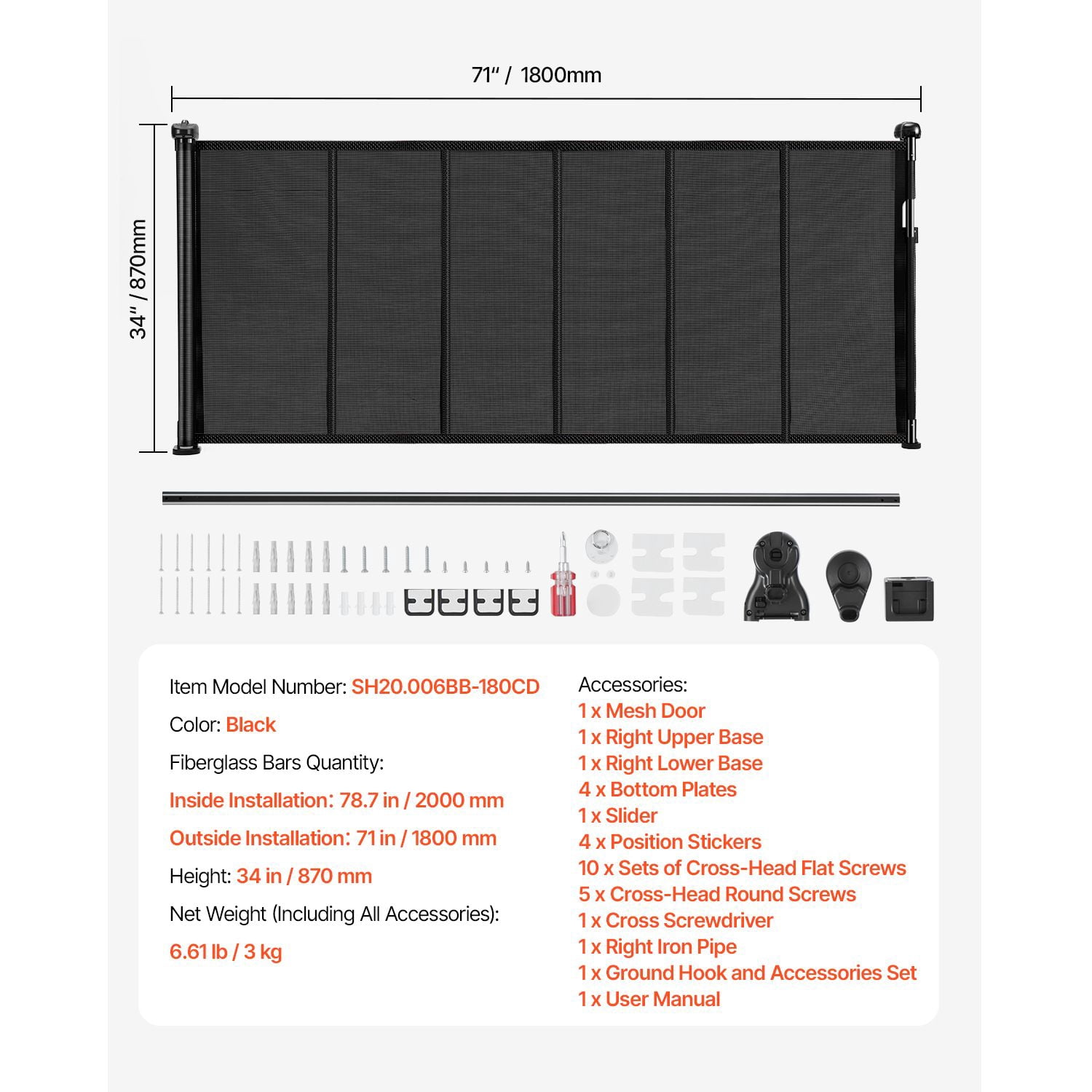 Retractable Baby Gate 31" Tall x 71" Wide, Black Mesh, Anti-Crawl Bottom Strip, One-Hand Operation, for Indoor Stairs Doorways