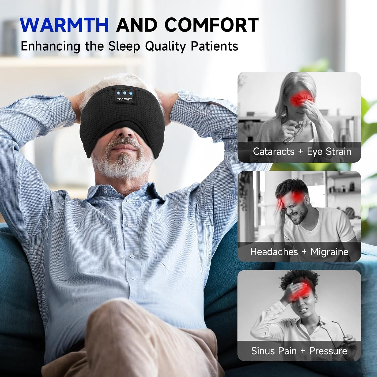 Sleep Mask, Bluetooth Eye Mask Bluetooth, TOPOINT Breathable Cotton Sleep Headphones for Sleeping Side Sleepers Travel Meditation Music Headsets with Microphone Handsfree Men Women, Black
