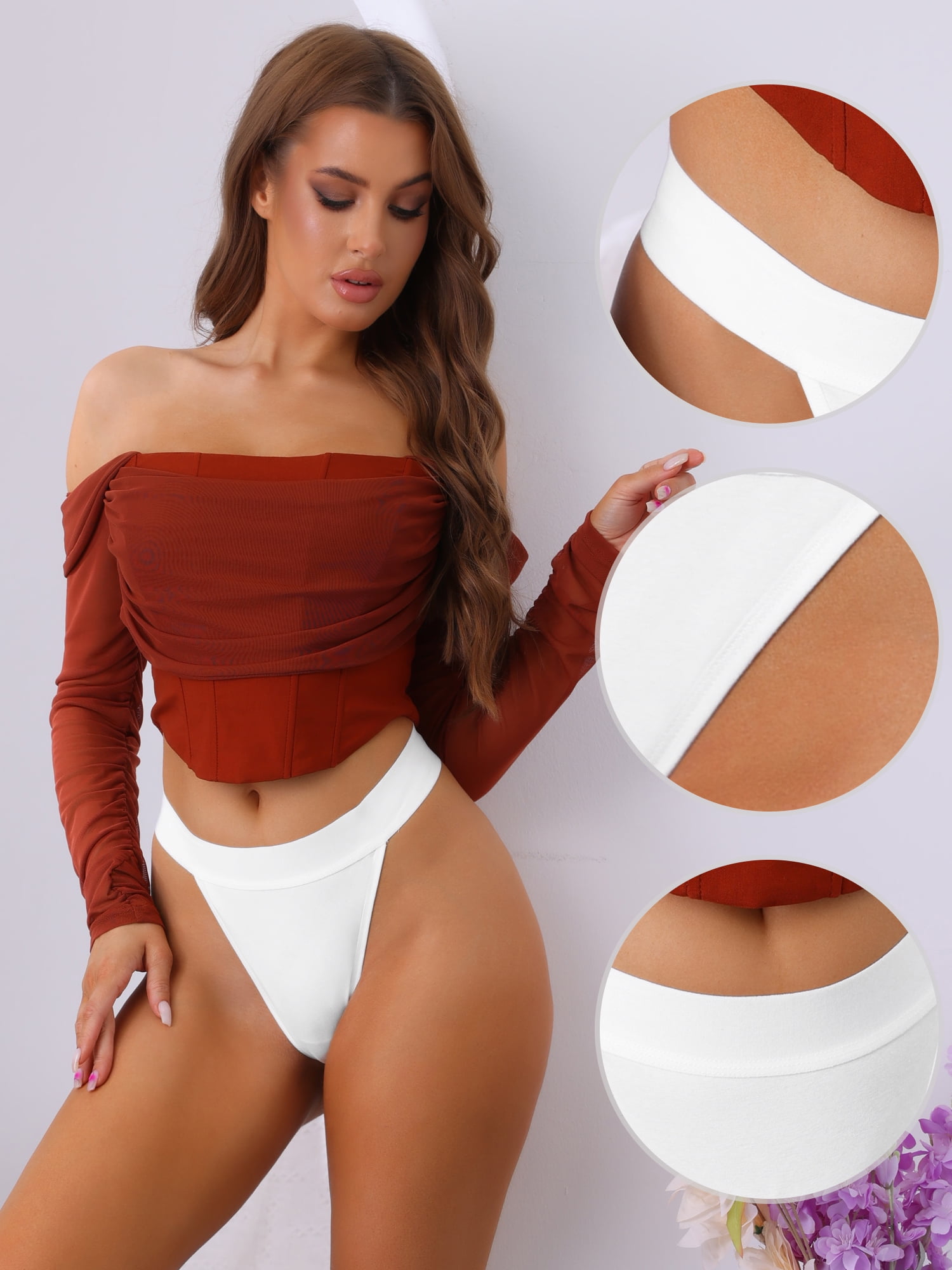 Unique Bargains Women's High Waist T-back Hi-Cut Elasticity Thongs M White