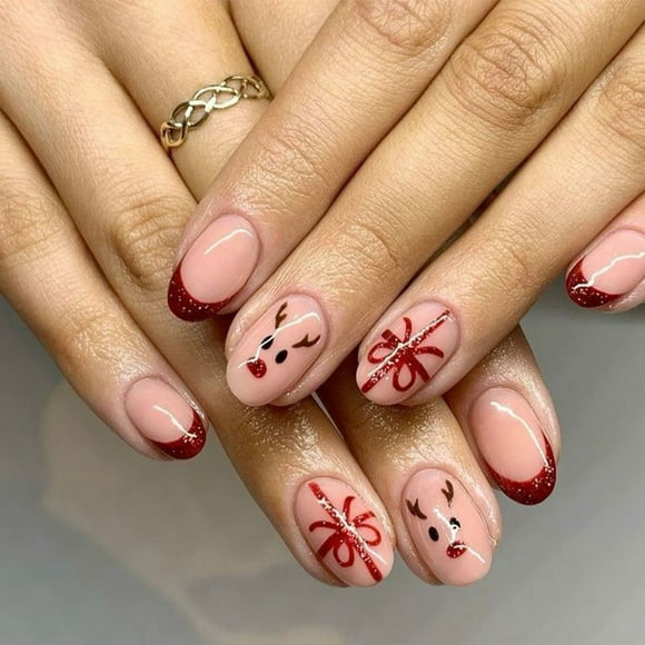 Cute Elk Christmas Press on Nails Short Square Fake Nails Red Santa Hat French Tip Acrylic Nails with Design Glossy Winter Xmas Glue on Nails for Women DIY Holiday Manicure