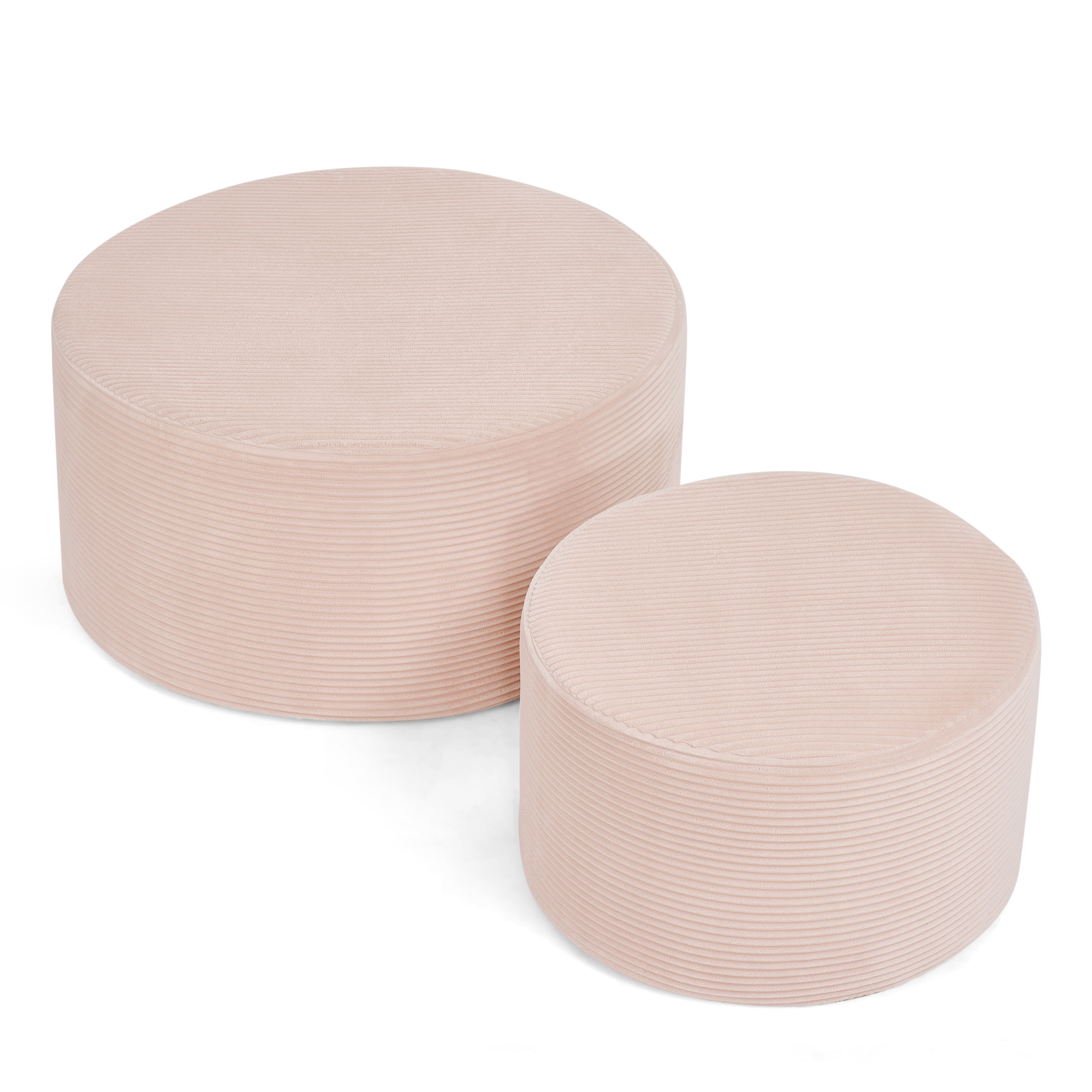 Aukfa 2-Piece Round Ottoman Set, Upholstered Coffee Table & Nesting Footrest Stools for Living Room, Bedroom, Pink