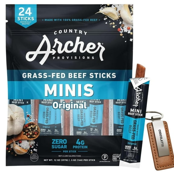 Original Minis Contry Archer Grass Fed, Original Beef Stick 0.5oz Pack Of 24 - Archer Mini Beef Sticks ( Trademank Key Chain Included)
