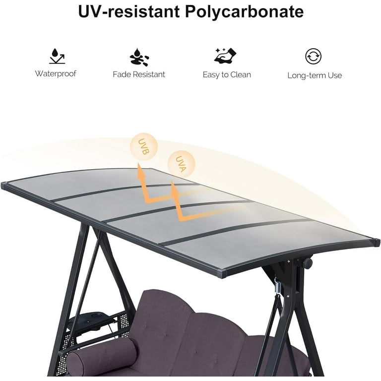 PURPLE LEAF 3-Seat Patio Swing with Adjustable Canopy, Cup Holder