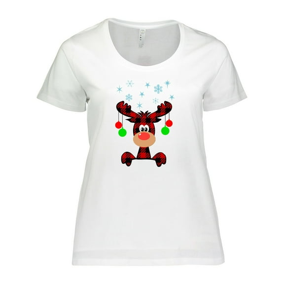 Inktastic Cute Flannel Reindeer with Christmas Bulbs and Snowflakes Women's Plus Size T-Shirt