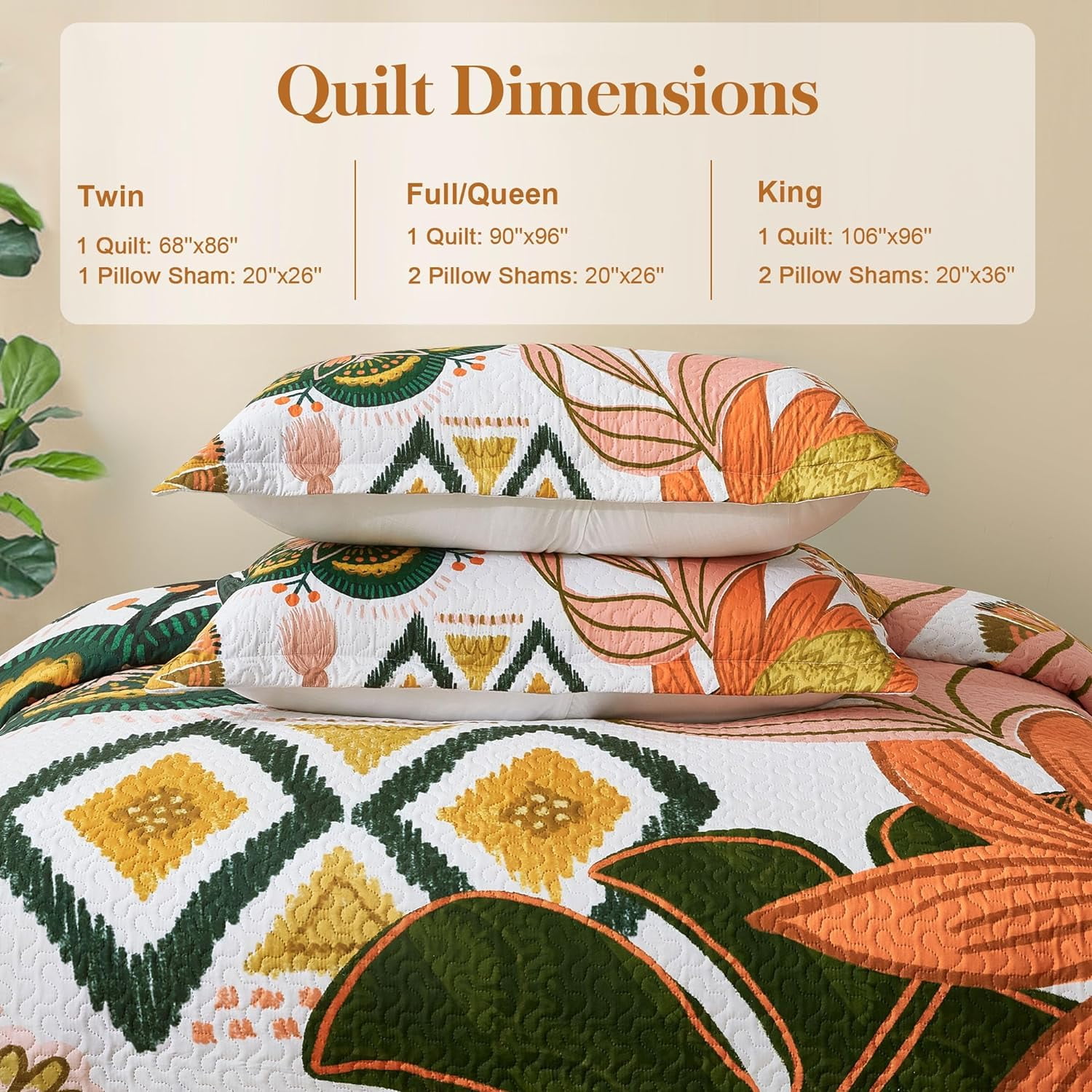 Tyrot 3-Piece Boho Floral Quilt Farmhouse Reversible Full/Queen Microfiber Bedding Quilt Sets Soft Touch, 90"x96"