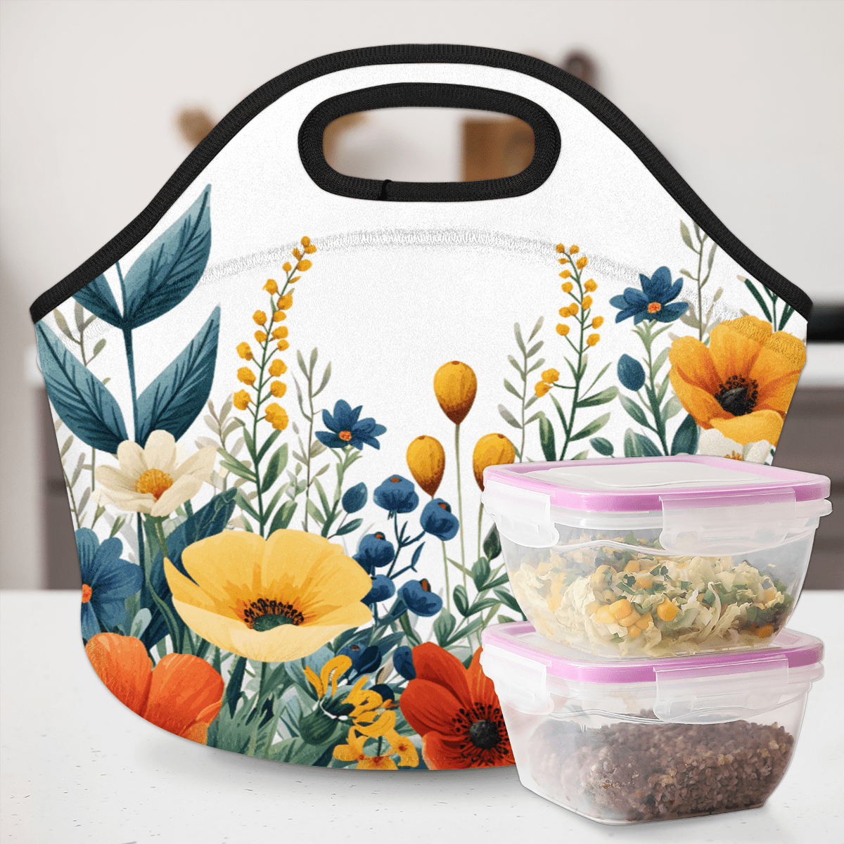 Herdesigns Watercolor Floral Neoprene Lunch Bag, Colorful Flower Insulated Lunch Box for Women Men Washable Lunch Tote Soft Lunch Container With Zipper for Work Picnic Travel