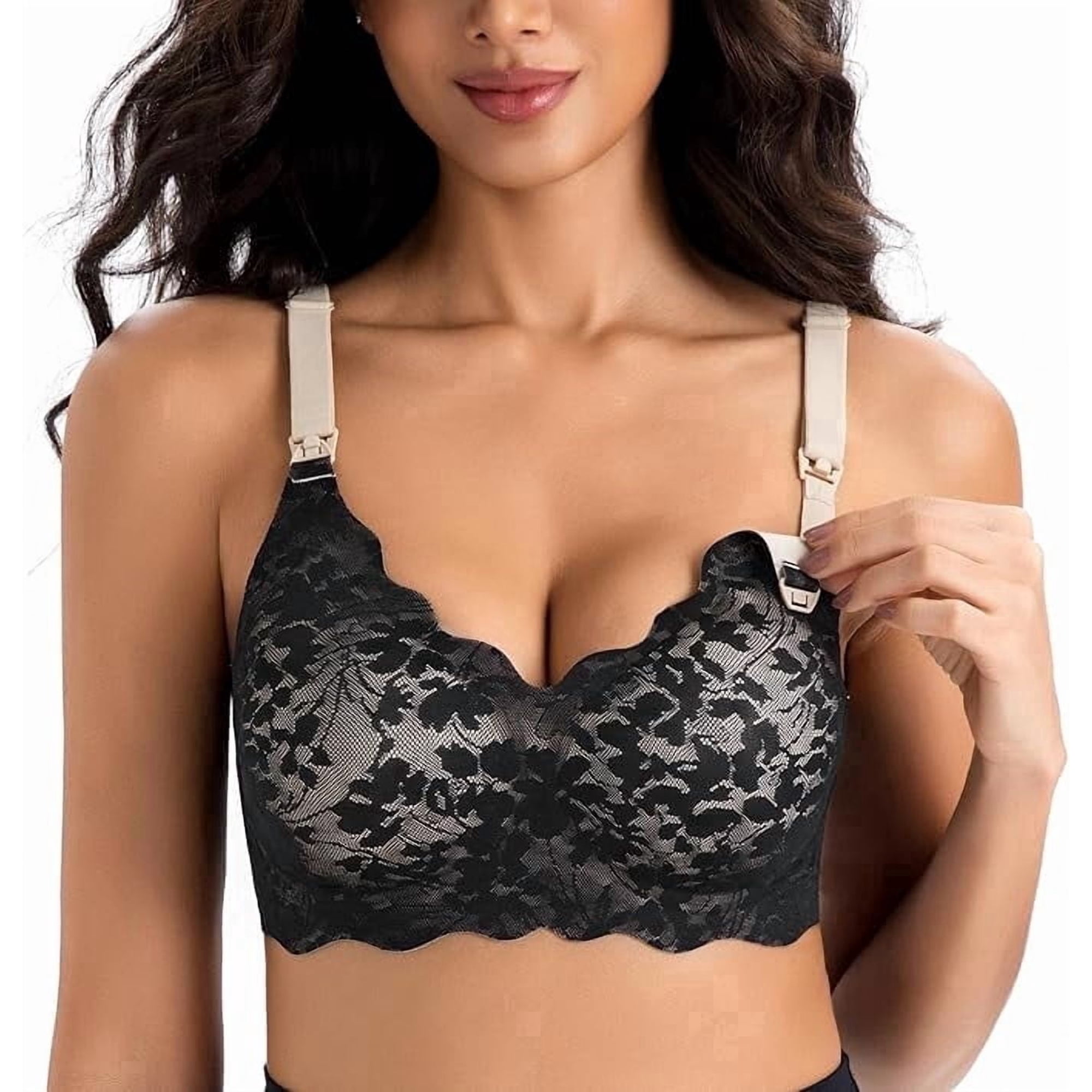 Momfree Lace Wireless Maternity Bra L, One‑Hand Release Clasp, Wide Adjustable Straps, 4‑Row Back Closure for Pregnancy & Breastfeeding
