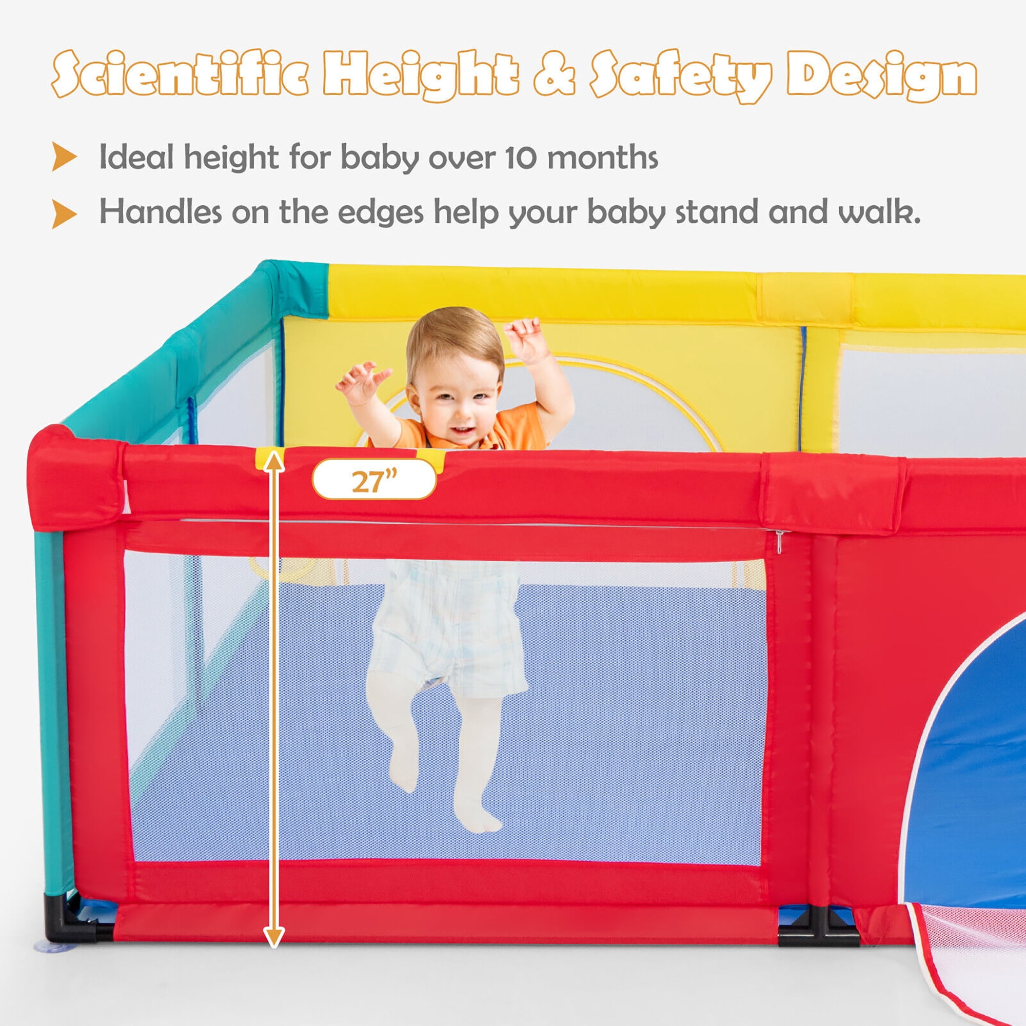 Gymax Extra Large Baby Playpen Safety Baby Play Yard w/ 50 Ocean Balls & 4 Handles Colorful