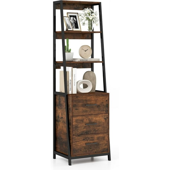 RONG-3 Industrial Ladder Bookshelf, Freestanding 4-Tier Bookcase with Drawers & Metal Frame, Tall Wooden Storage Organizer for Living Room, Office, Study Room & Entryway,Rustic Brown
