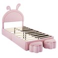 thumbnail image 4 of Twin size Upholstered Rabbit-Shape Bed with 2 Storage Stools, Velvet Platform Bed with Cartoon Ears Shaped Headboard, Pink, 4 of 7
