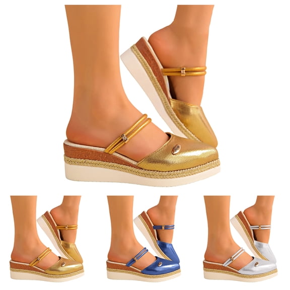 Dakaela Espadrille Wedges for Women Metallic Closed Toe Platform Slide Sandals Slip on Slingback Casual Summer Beach Walking Shoes Size 6-10 Blue