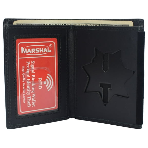 RFID Blocking 7 Point Start Badge Holder Genuine Leather Slim ID Wallet