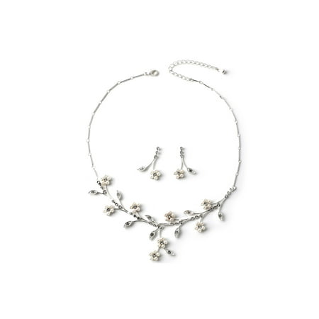 - Silver Crystal Rhinestone Bridal Wedding Party Flower Shaped White Pearl and Leaf Shaped Rhinestone with Branches Dangle Earrings Necklace Jewelry Set