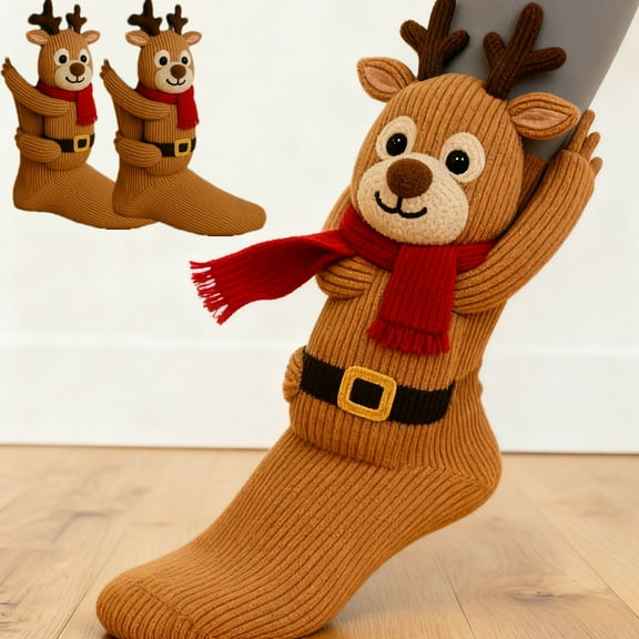 WKSCLPAI Chrismas 3D Knit Animal Socks, Cute Chrismas Themed Handmade Crocheted Animal Socks for Unisex, Winter Warm Socks, Xmas Gift for Women Men,Reindeer