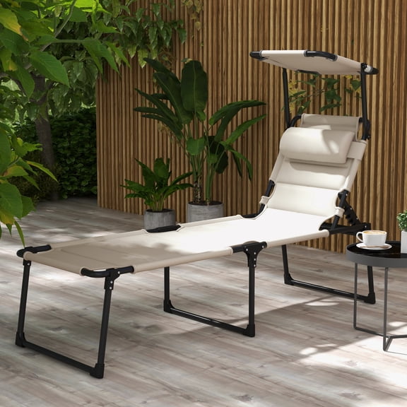 Outsunny Outdoor Folding Tanning Chair w/ Shade & Pillow, Cream