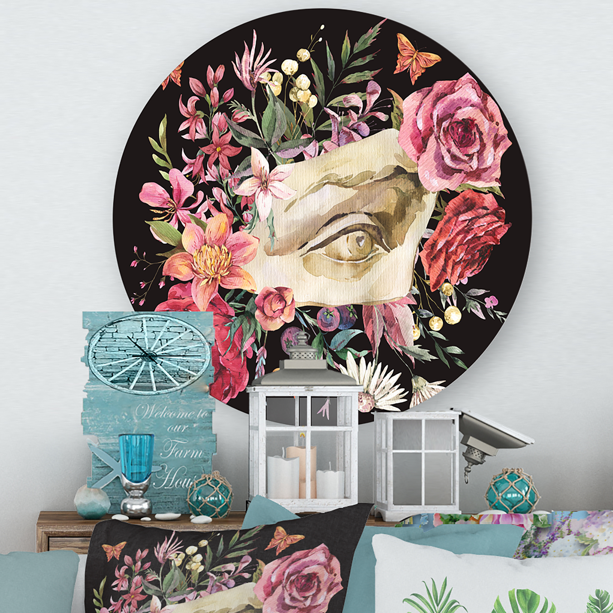 Designart 'Dried Wildflowers With Greek Sculpture David Eye' Farmhouse Circle Metal Wall Art 11x11 - Disc of 11