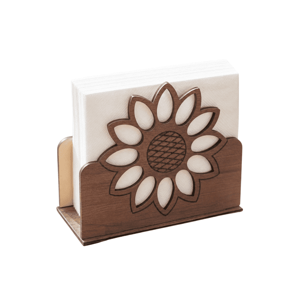 chaungfeng Rustic Wood Sunflower Napkin Holder for Kitchen, Tables Countertop Decorative Verticals Tissue Paper Dispenser Organizer for Dining Decor