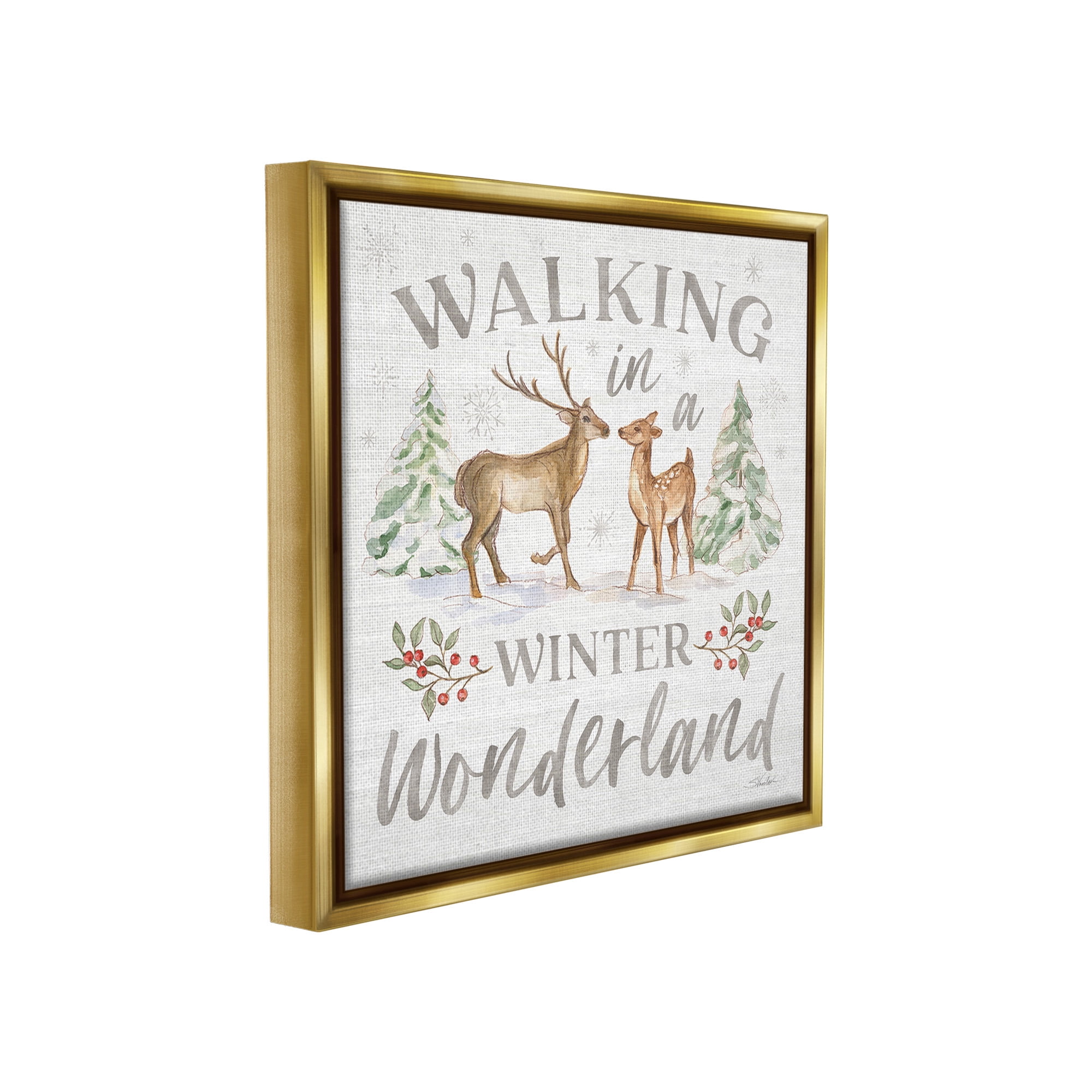 Stupell Industries Winter Wonderland Snow Scene Holiday Painting Gold Floater Framed Canvas Art Print Wall Art, 25 x 25