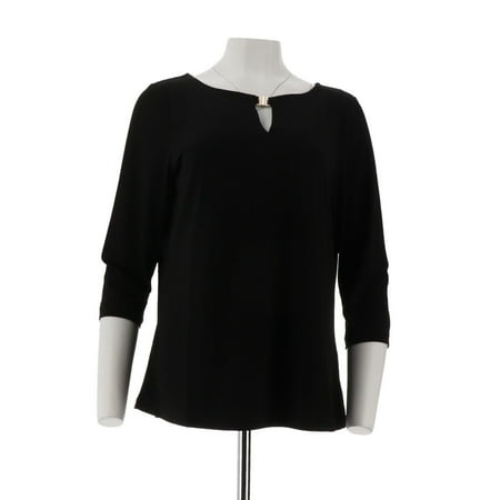 Susan Graver Liquid Knit 3/4 Slv Top Keyhole Trim A279737