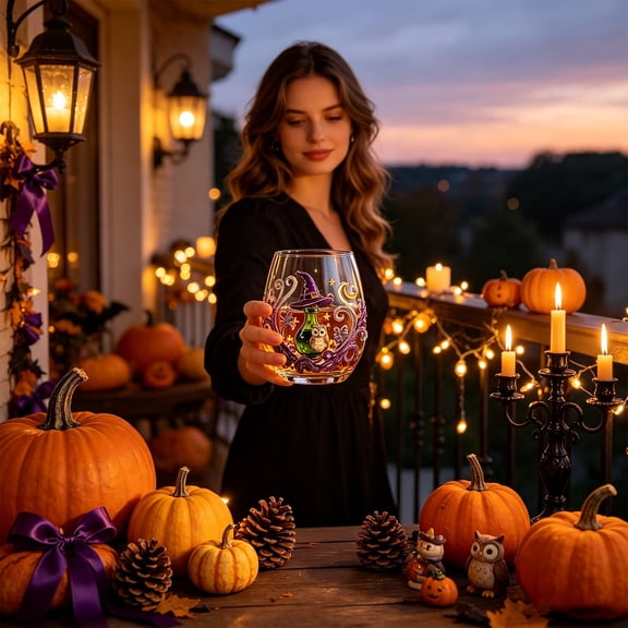 Patterned Clear Stemless Tumblers, Curved Ergonomic Drinking Glasses, Fall Themed Beverage Glassware for Cocktails, Iced Coffee and Daily Table Use