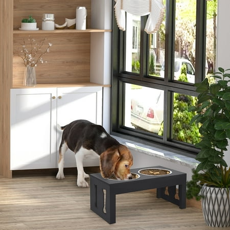 Pawhut 23" Modern Decorative Dog Bone Wooden Heavy Duty Pet Food Bowl Elevated Feeding Station - Black