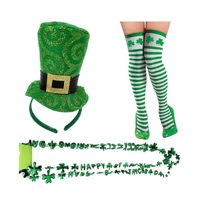 Green Striped Socks and Tutu Skirt for Irish St Patrick's Day Decorations Beaded Necklace 7 Pcs St Patrick's Day Costume Accessories Including Irish Hat Headband Shamrock Glasses 