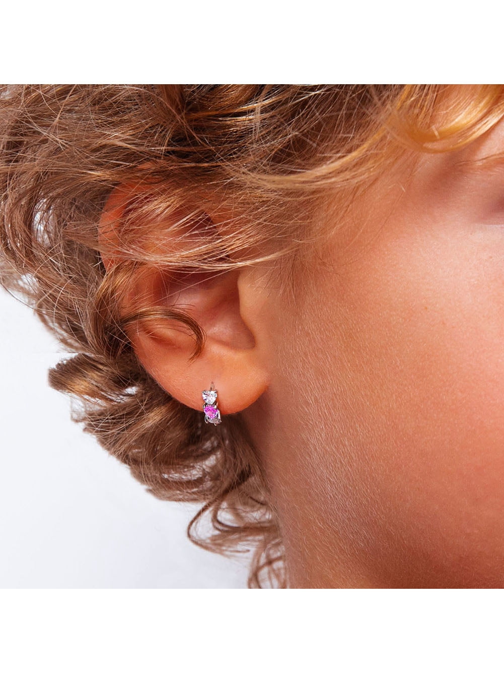925 Sterling Silver Young Girl's Clear Pink CZ Heart Huggie Earrings 10mm