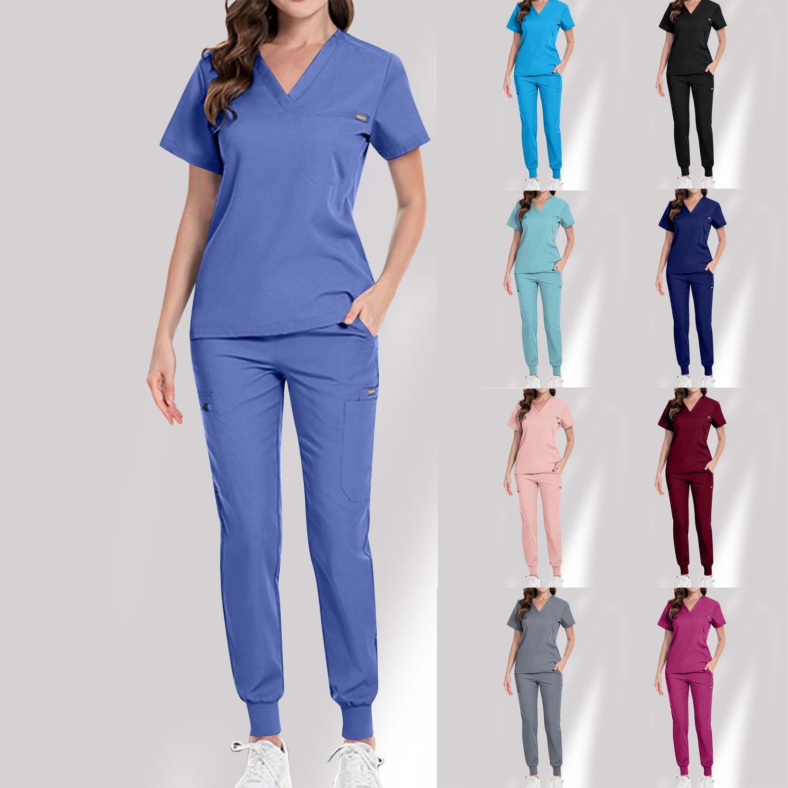 Scrubs For Women Set Stretch Classic V Neck Scrubs Top And Jogger Pants