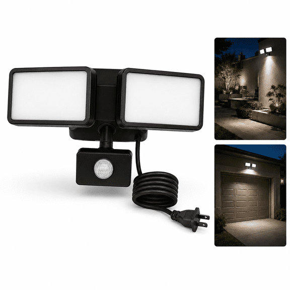 KUKKI Outdoor Motion Sensor Flood Light, 120V Plug-In LED Security Light, Adjustable Multi-Head PIR Sensor, IP65, 6500K, Garage Yard Porch