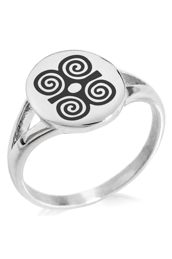 Stainless Steel Aztec Strength Rune Minimalist Oval Top Polished Statement Signet Ring