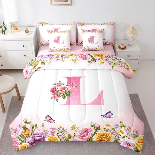 Erosebridal Letter Initial Bedding Sets Twin Size,Monogrammed Personalized Comforter Sets with Sheets,Flower Decor,Reversible,Breathable,7-Piece