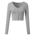 thumbnail image 4 of Long Sleeve Shirts for Women T Shirts Fall Tops Ribbed Button Cardigan Right Shoulder Blouses Dressy Casual Light Gray S, 4 of 5