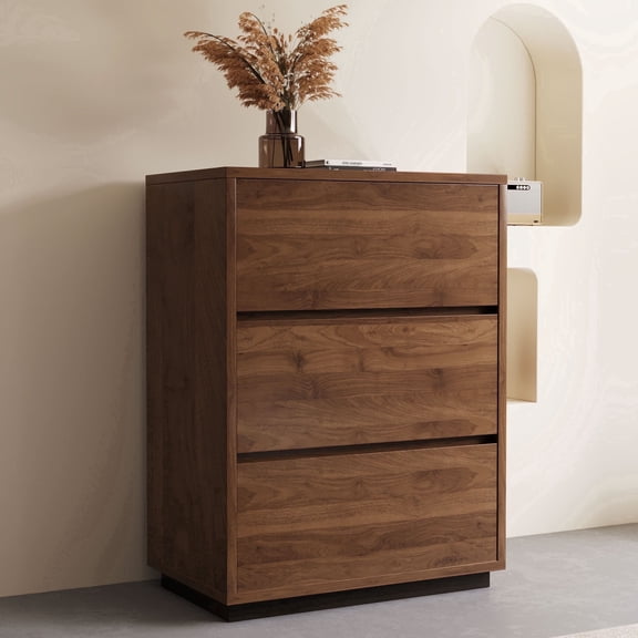 NessCarsti Modern Storage Cabinet with 3 Drawers and Shelves, Walnut Brown, 23.62"