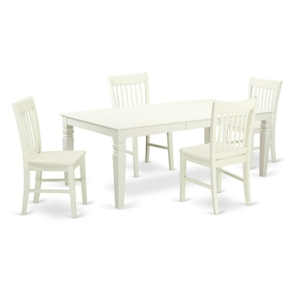 LGNO5-LWH-W 5 Piece Dining Room Set With A Single Logan Dinning Table And 4 Wood Seat Kitchen Chairs Finished In A Elegant Linen White Color.
