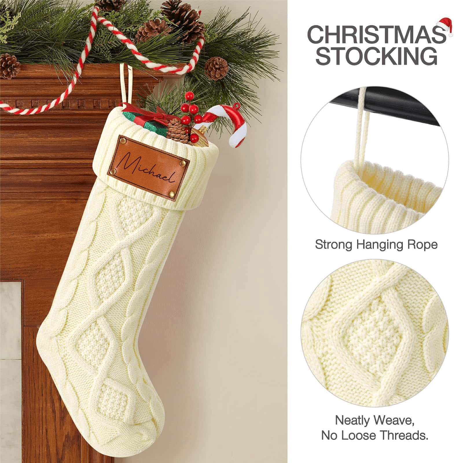 Personalized Christmas Stockings with Names Monogram, 18” Large Family Knitted Xmas Stocking with Leather Nameplate for Kids Customized Christmas Stockings for Fireplace Holiday