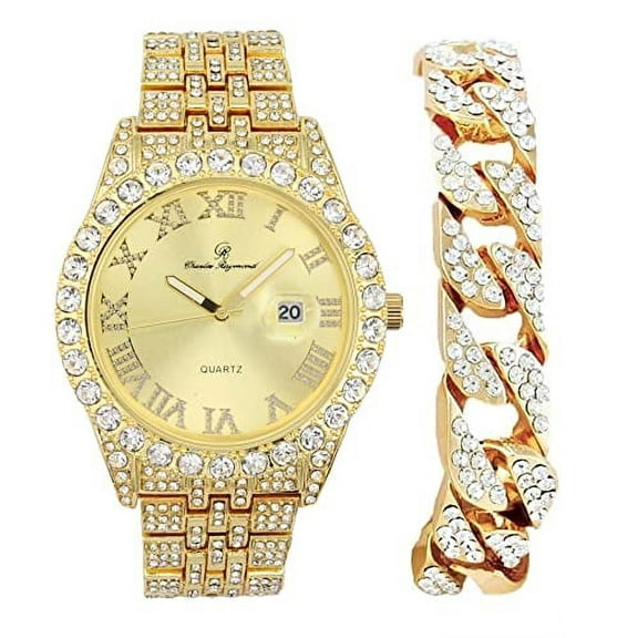 Charles Raymond Big Rocks w/Roman Numerals Fully Iced Out Mens Watch w/Easy Read Date and Colorful Dials- Designer Hip Hop Blinged Out Timepiece - ST0226RND Cuban Gold Gold