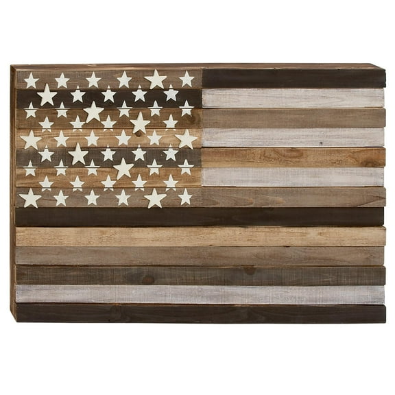 DecMode Brown Wood Handmade Washed American Flag Wall Decor with Slatted Panels and Cream Stars