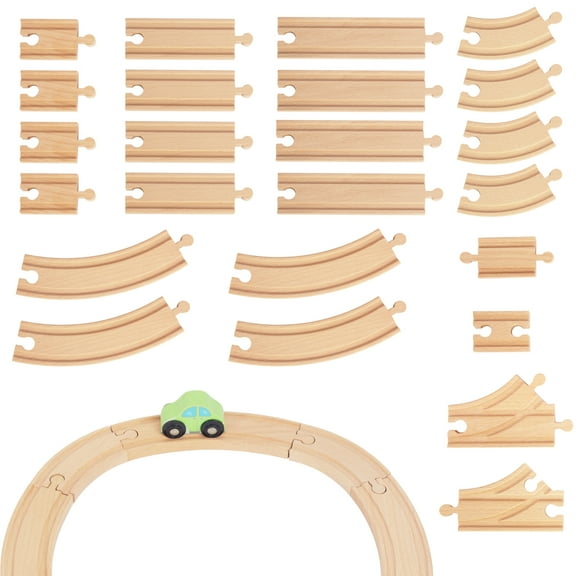 Wooden Train Tracks 24 Piece Set, Track Expansion and 9 Distinct Pieces - 100% Compatible with All Major Brands Including Thomas Wooden Railway System