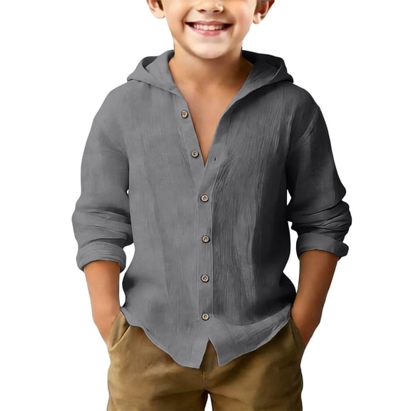 XXWXYD Boys Linen Shirts Button Up Cotton Hooded Long Sleeve Lightweight Summer Beach Boho School Tee Tops
