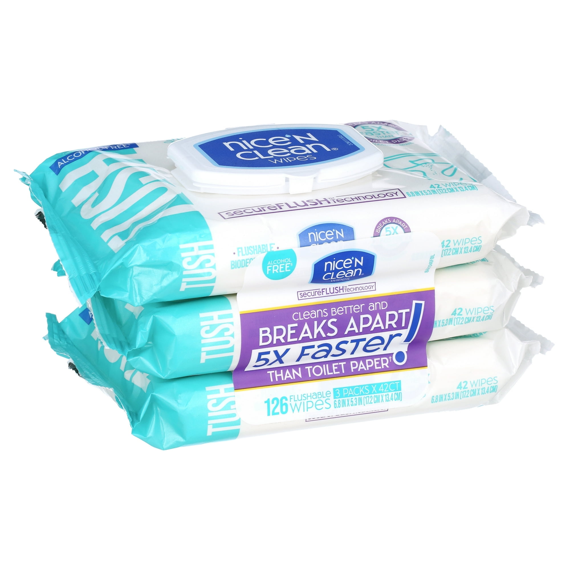Nice 'N CLEAN SecureFLUSH Alcohol Free Flushable Wipes, Gentle for Sensitive Skin, 3 Flip-Top Packs (126 Total Wipes)