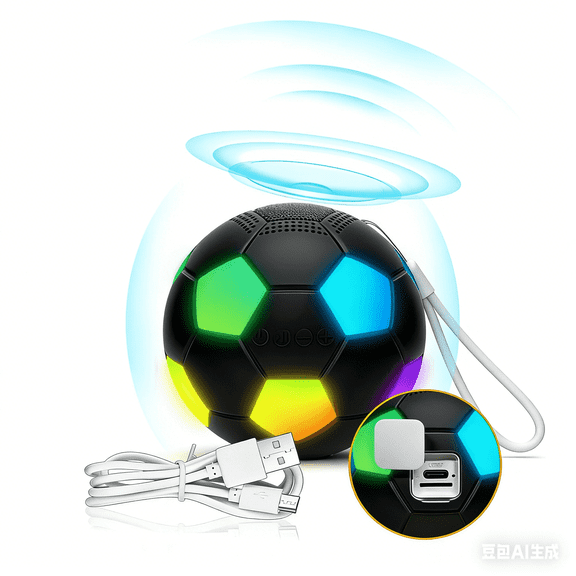 Soccer Ball Wireless Speaker Bluetooth 5.0 Audio with RGB Party Lights 3D Stereo Bass TWS Dual Connect Cool Gift for Boys & Soccer Fans Black
