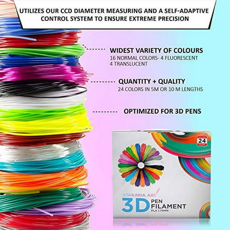 ATARAXIA ART 3D Pen PLA Filament Refills 1.75mm, 24 Colors (Each 33 feet  Total 782 Feet) + 4 Fluorescent & 4 Translucent Color, Kids Safe Refill