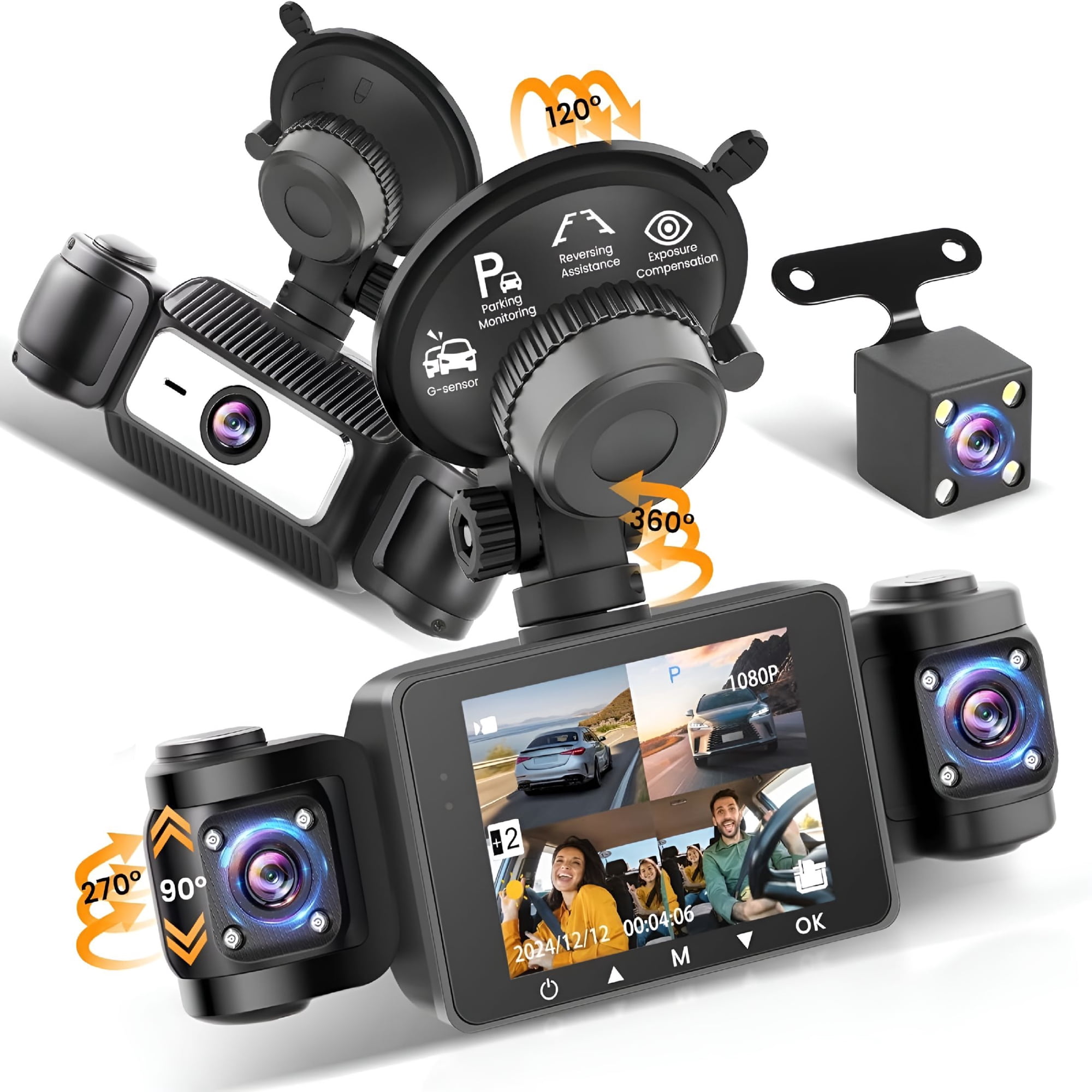 GJX 2026 New 4 Channel Dash Cam 360° View,1080P Dash Cam Front and Rear Inside Left Right,2.4 Inch Ips Screen Dash Camera for Cars,24Hr Parking,170° Wide Angle,Loop Recording,Ir Night Vision