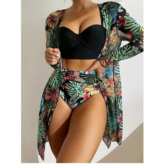 Aloohaidyvio bikinis for women high waisted,Women Sexy Print Deep V Swimming Trunks Split Swimsuit Bikini Three Piece, Swimsuits for Women 2 Piece