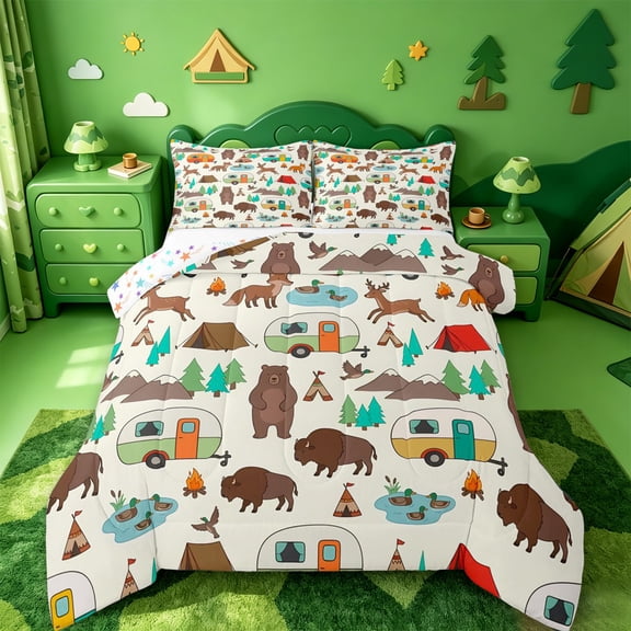 Catabedysis Cartoon Camping Full Size Comforter Sets,Wildlife Camper Print Bedding Comforter Set For Boys,Multicolor,Colorful Stars Reversible,3pcs,1 Comforter and 2 Pillowcases