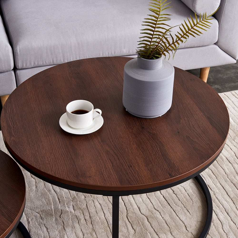 Private Jungle Round Nesting Coffee Table Set of 2 Modern Accent Coffee Table with Walnut Wooden Top and Black Metal Frame-31.5" Private Jungle Round Nesting Coffee Table Set of 2 Modern Accent Coffee Table with Walnut Wooden Top and Black Metal Frame-31.5"