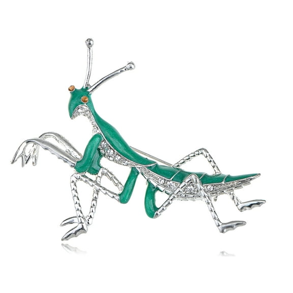 Clear Rhinestone Silver Tone Mantis Insect Grasshopper Green Enamel Pin Brooch