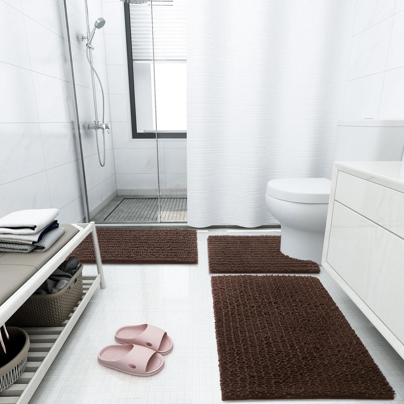 DISEN Luxury Chenille Bathroom Rug Mat, Extra Soft Thick Absorbent Shaggy Bath Rugs, Non-Slip Machine Wash Dry Plush Bath Runner Mats for Bathroom, Living Room, and Laundry Room (60"x24", Brown)